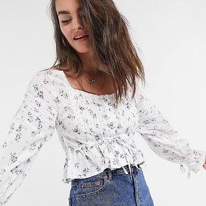 Floral Print Spring Pleated Sleeve Button Top